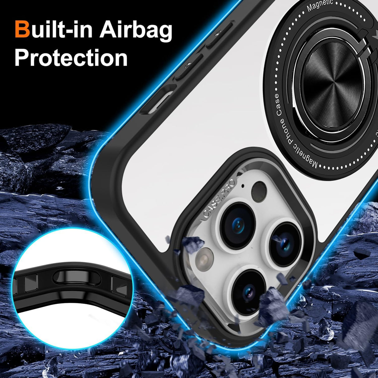 Detaliu inel magnetic rotativ husă iPhone 16 Pro Max compatibilă MagSafe, funcție suport, material TPU flexibil