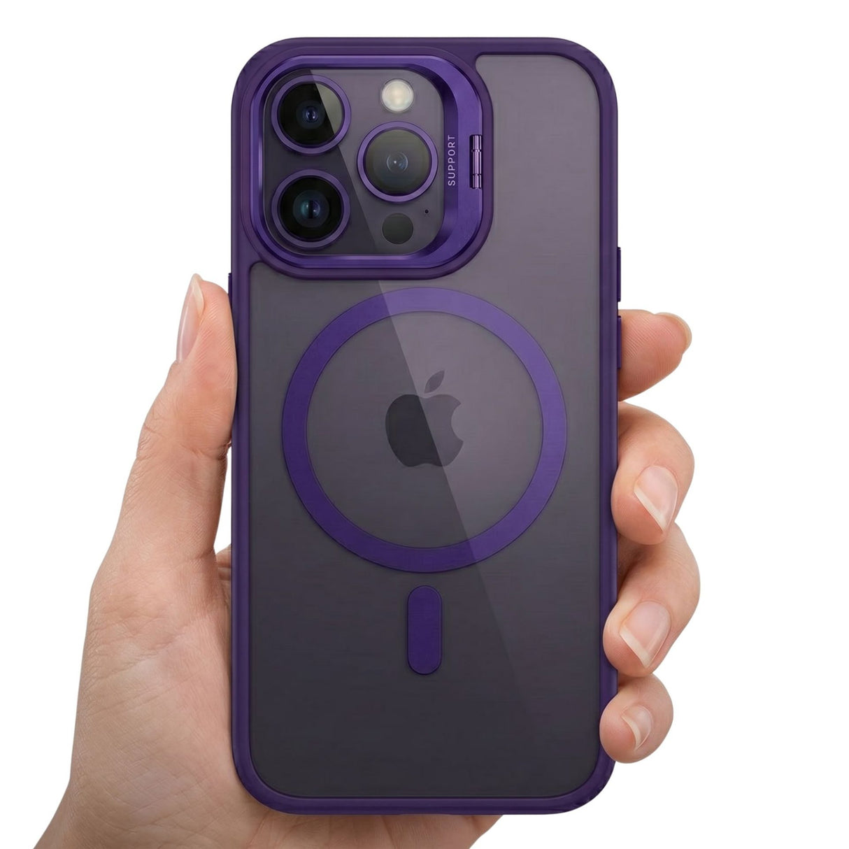 Detaliu suport metalic protecție cameră husă Flippy iPhone 17 Pro, ramă industrială integrată, culoare mov închis