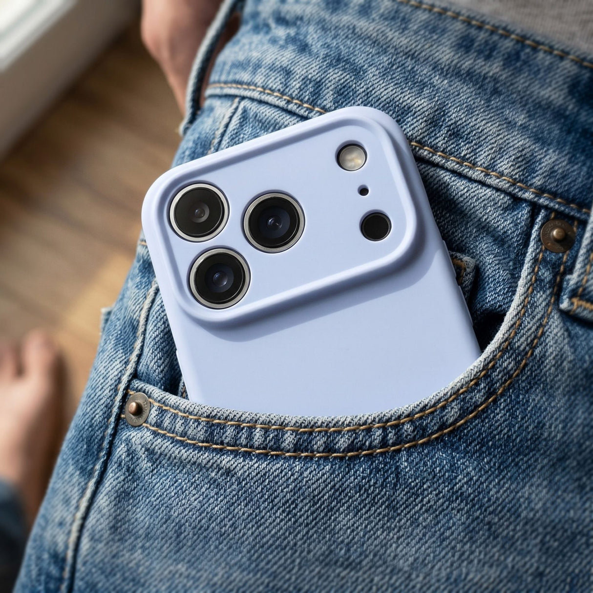 Husă silicon lichid Flippy albastru pe iPhone 17 Pro, vedere spate completă