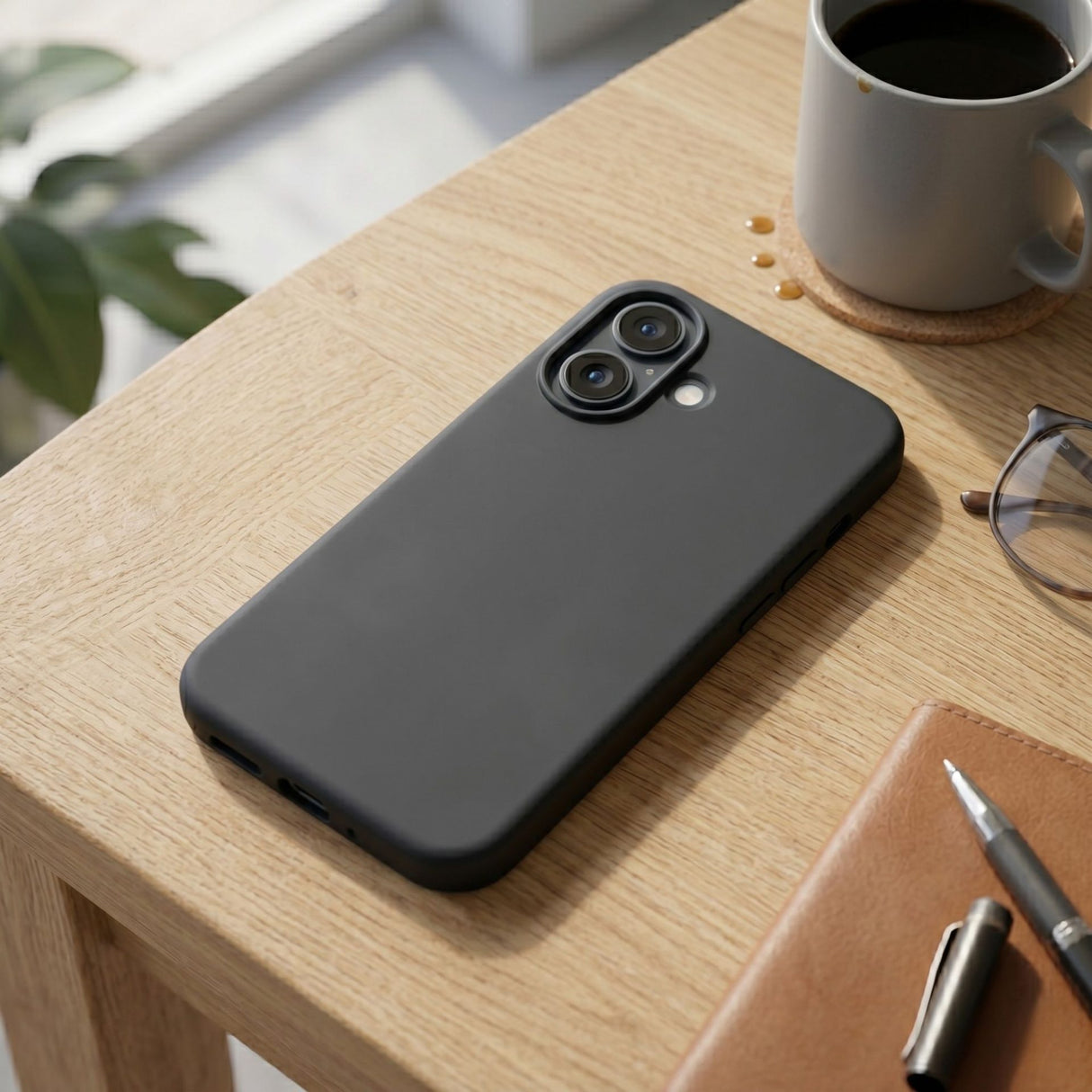 Husă Flippy iPhone 17 negru montată pe telefon, decupaje precise pentru cameră și butoane