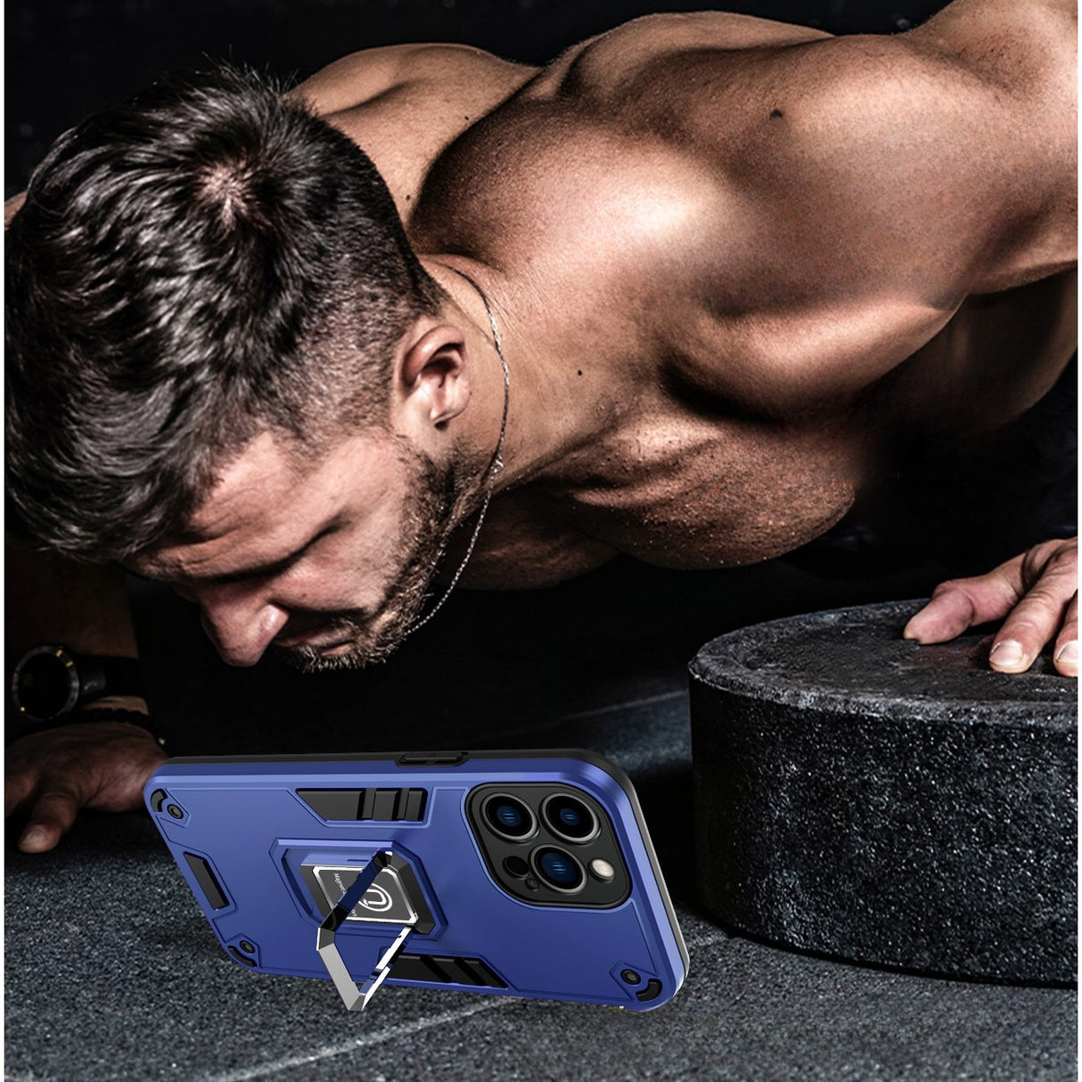 Husa Iron Warriors pentru iPhone 12, Flippy, Hybrid Ring Holder Kickstand, Albastru inchis - vivimall.ro