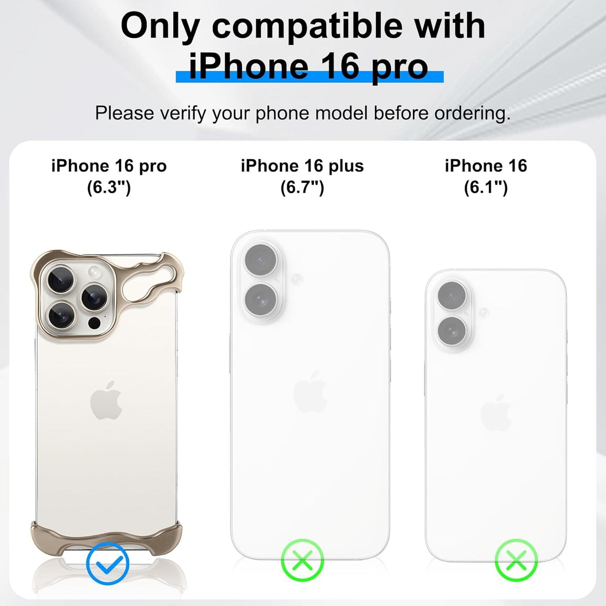 Conținut set protecție metalică iPhone 16 Pro: trei elemente aliaj auriu pe fundal alb