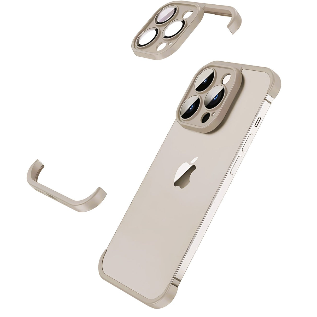 Husă metalică Edgeless iPhone 15 Pro gri metalizat, set complet trei piese, vedere frontală