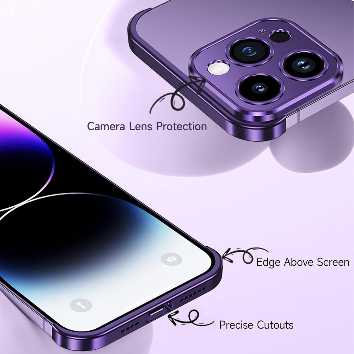 Husă edgeless iPhone 16 mov — detaliu finisaj metalic aluminiu antișoc, unghi spate