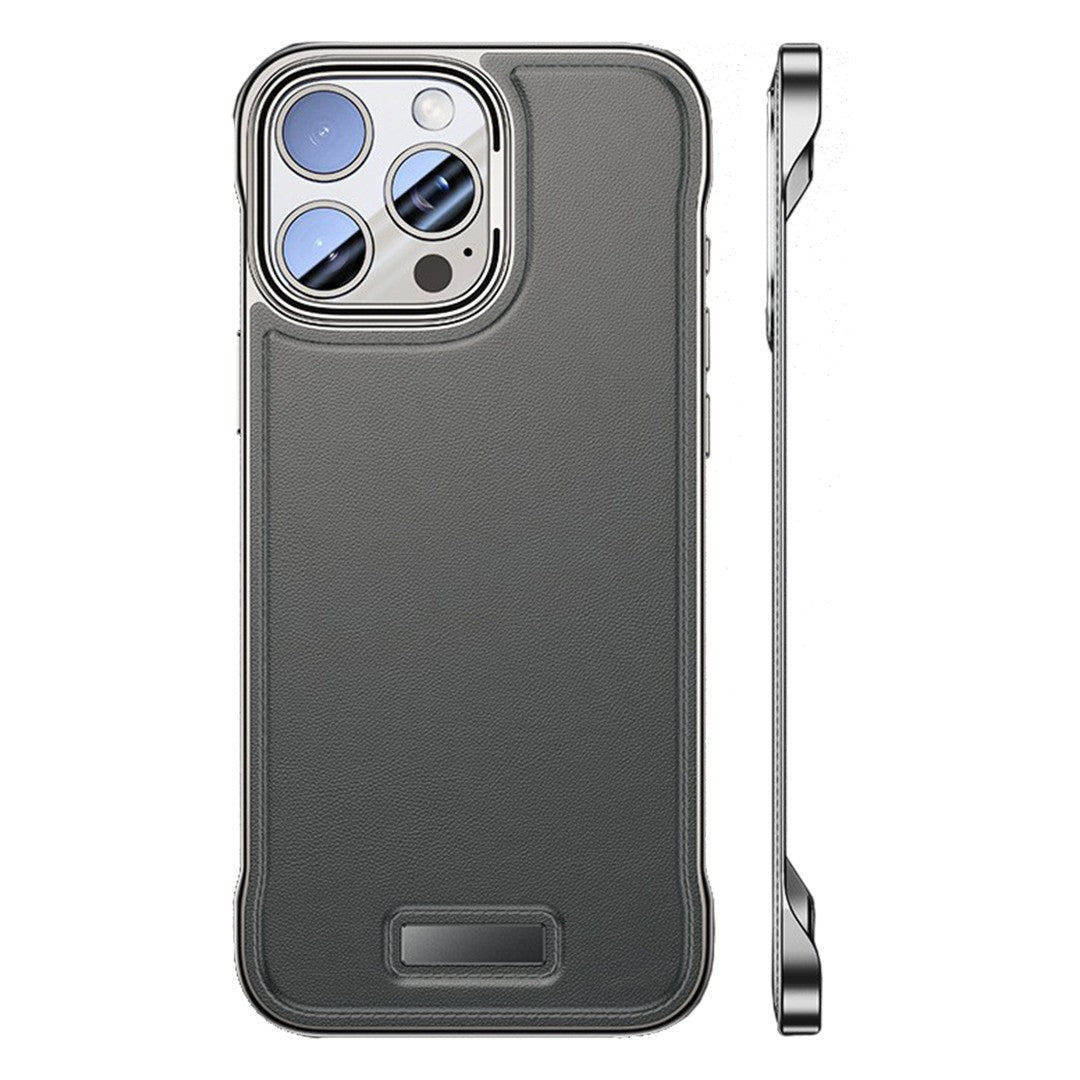 Husă iPhone 15 din piele PU gri, design modern fără margini, vedere frontală a produsului