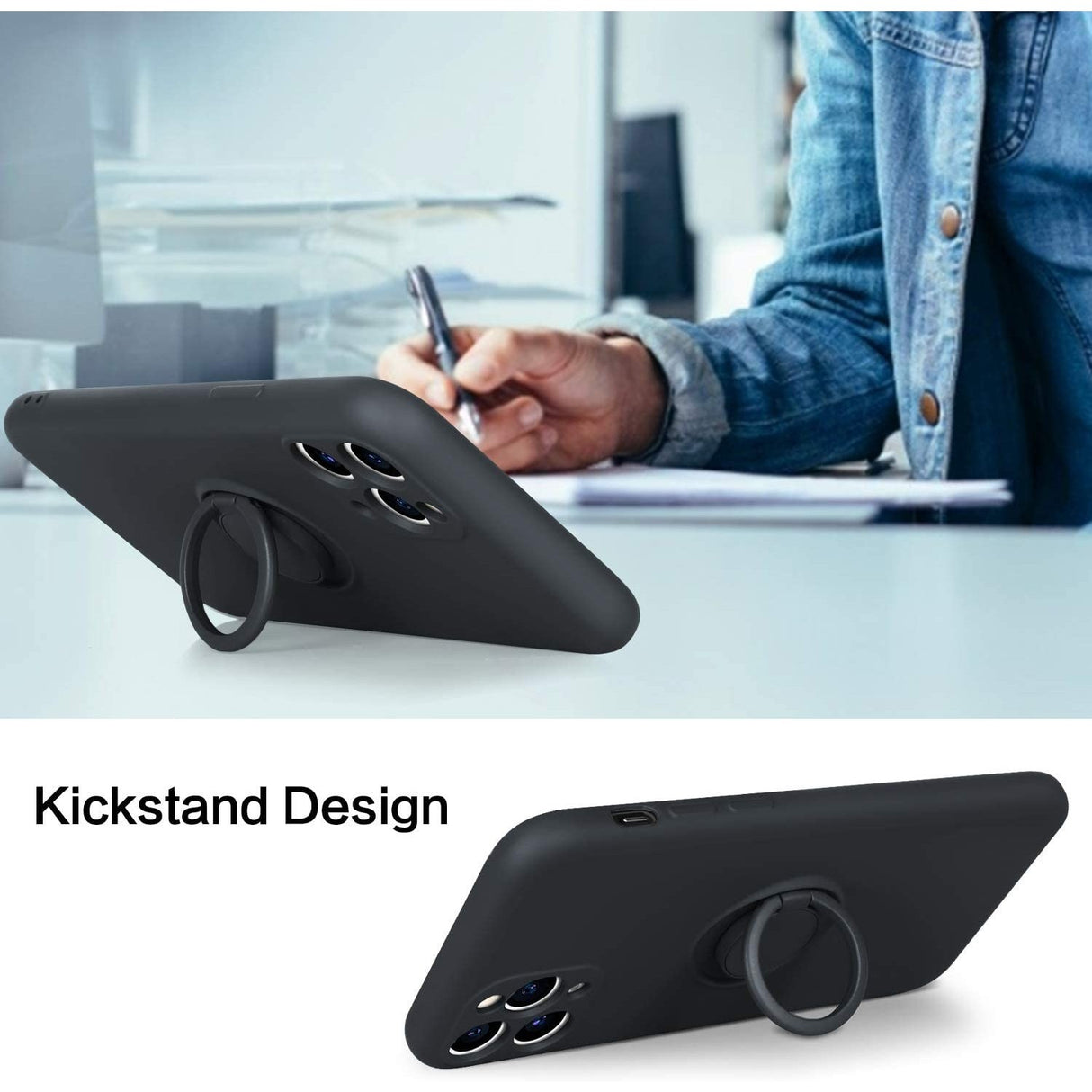 Husa protectie Flippy compatibila cu Apple iPhone 11 Pro Liquid Silicone Ring cu suport rotativ Negru - vivimall.ro