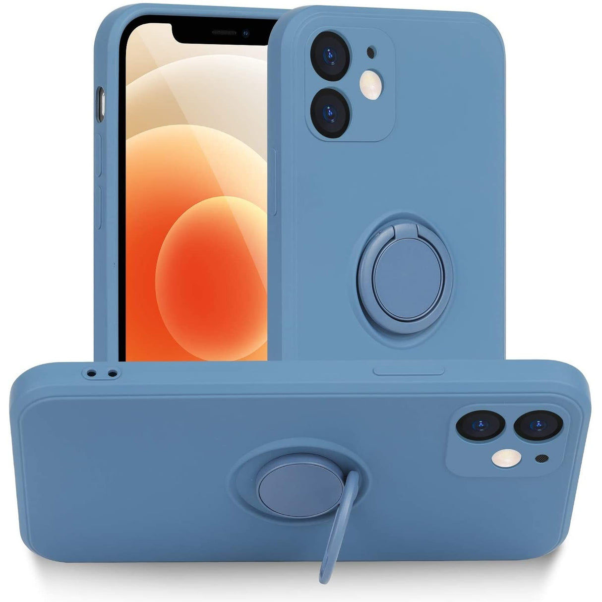 Husa protectie Flippy compatibila cu Apple iPhone 12 Liquid Silicone Ring cu suport rotativ Albastru - vivimall.ro