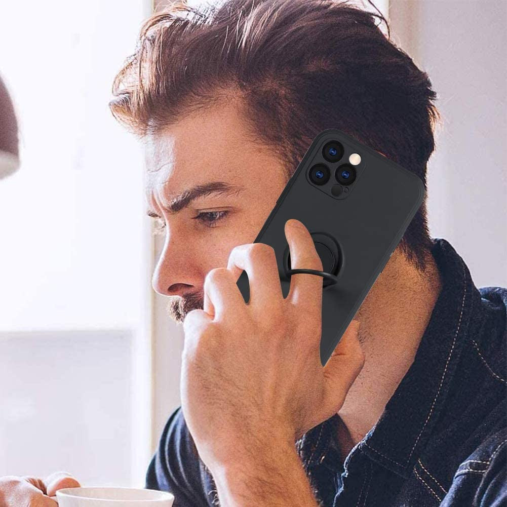 Husa protectie Flippy compatibila cu Apple iPhone 12 Pro Max Liquid Silicone Ring cu suport rotativ Negru - vivimall.ro