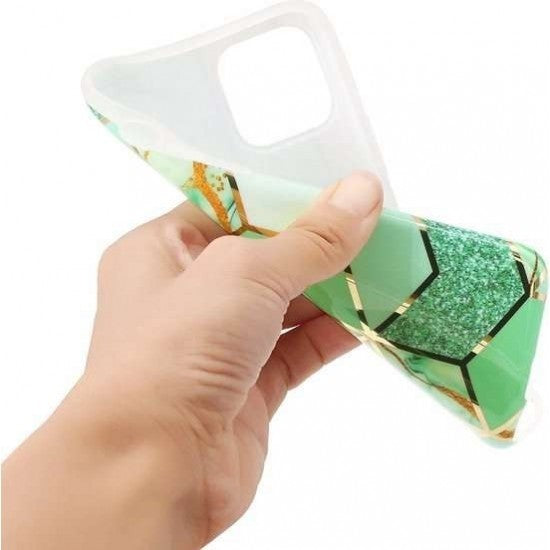 Husă protecție Apple iPhone 12 Pro Max verde cu model geometric marmură, detaliu spate