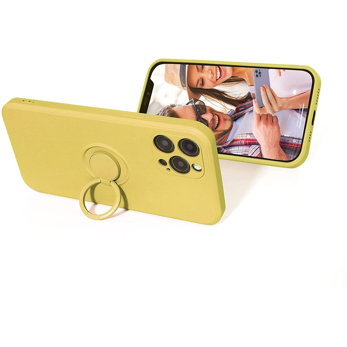 Husa protectie Flippy compatibila cu Huawei P Smart 2021 Liquid Silicone Ring cu suport rotativ Galben - vivimall.ro