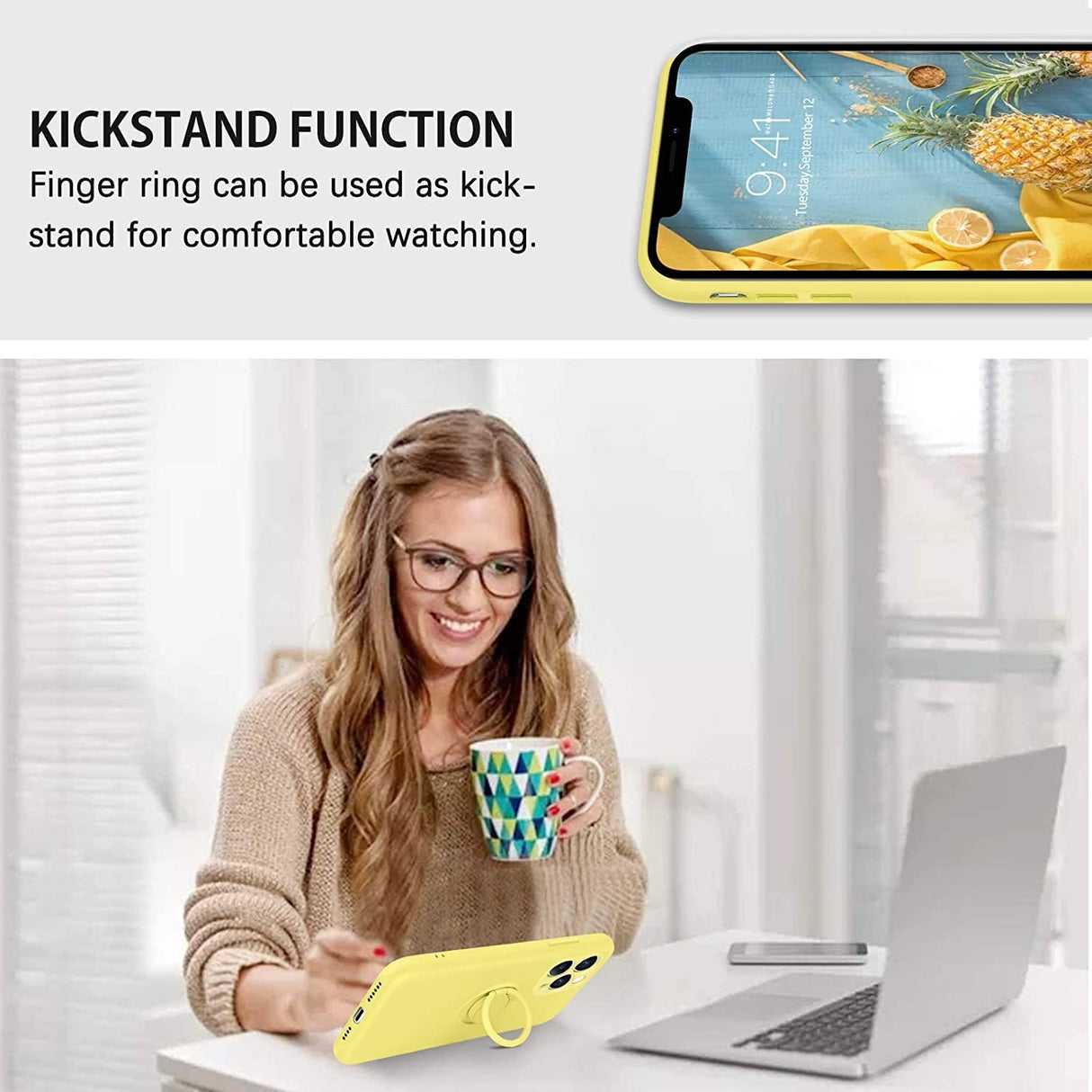 Husa protectie Flippy compatibila cu Samsung A02 S Liquid Silicone Ring cu suport rotativ Galben - vivimall.ro