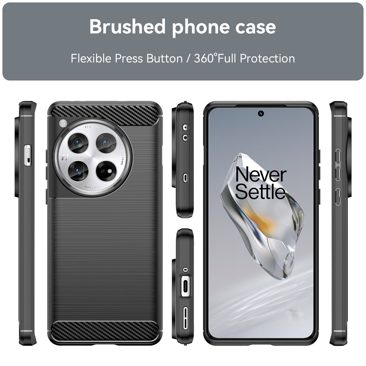 Husă OnePlus 12 cu element carbon, vedere de ansamblu față-spate, culoare negru mat