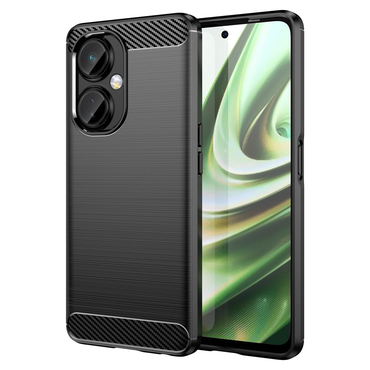 Husă silicon OnePlus Nord CE3 Lite montată pe telefon, vedere din spate, insert carbon vizibil