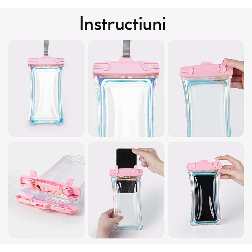 Husa subacvatica Holografica Waterproof Flippy, Snowproof, Universala, Impermeabila, cu Snur, pentru telefon sau documente, Roz - vivimall.ro
