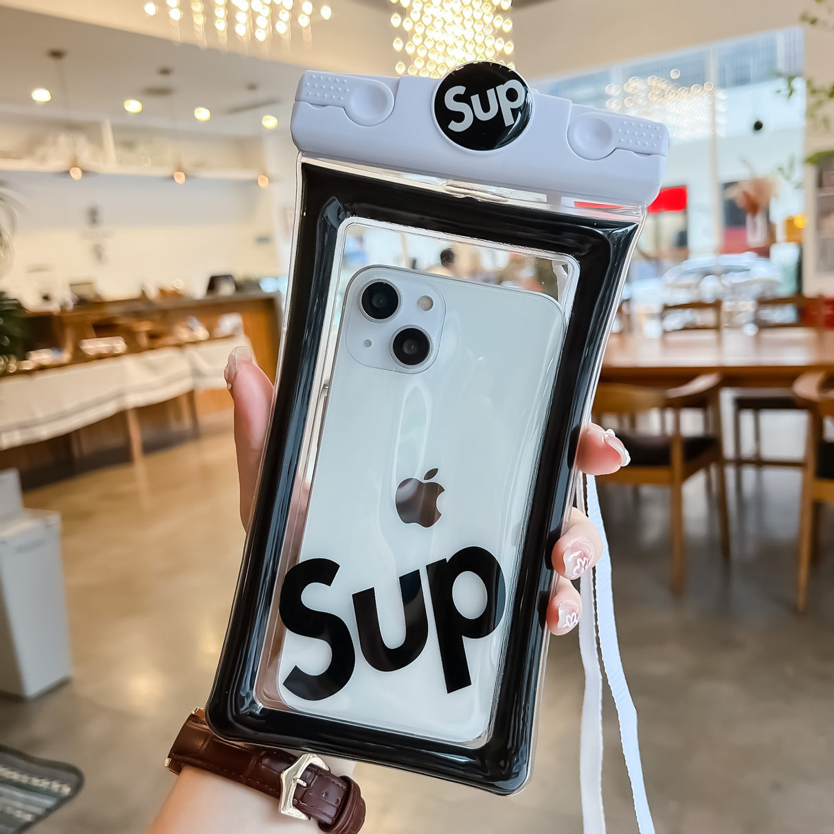 Husa subacvatica Mascot Waterproof Flippy, Snowproof, Universala, cu Snur, pentru telefon sau documente, Sup, Alb-Negru - vivimall.ro