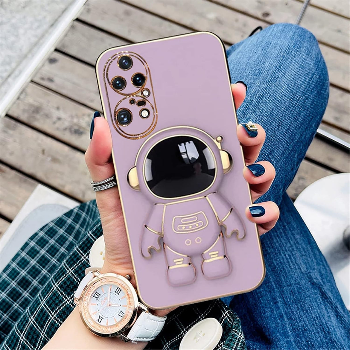 Husa Telefon 2in1, Vivimall, Compatibila Huawei P60 Pro, Carcasa TPU cu Suport Inclus Tip Astronaut, Protectie Camere, Mov - vivimall.ro