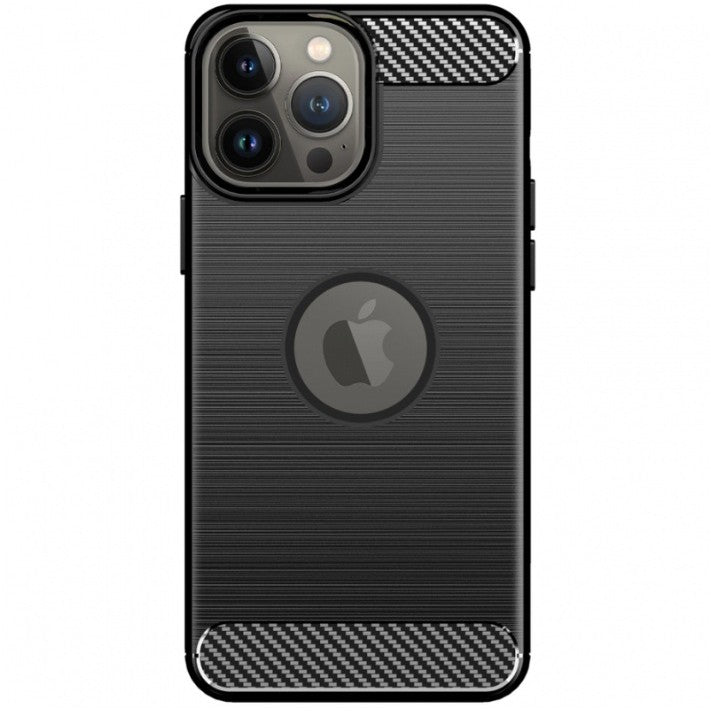 Husă iPhone 14 Pro Max Vivimall montată pe telefon, textură carbon neagră, vedere de ansamblu