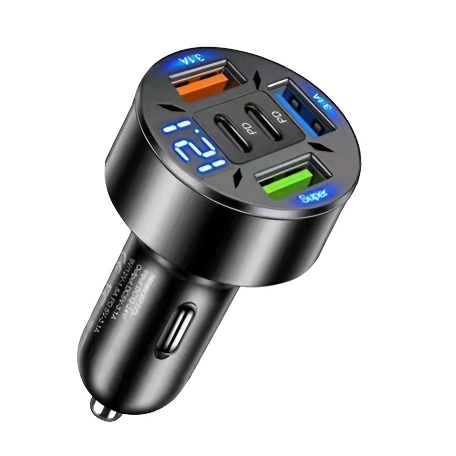 Încărcător auto 5 porturi conectat simultan la telefon și tabletă prin cabluri USB-C și USB-A