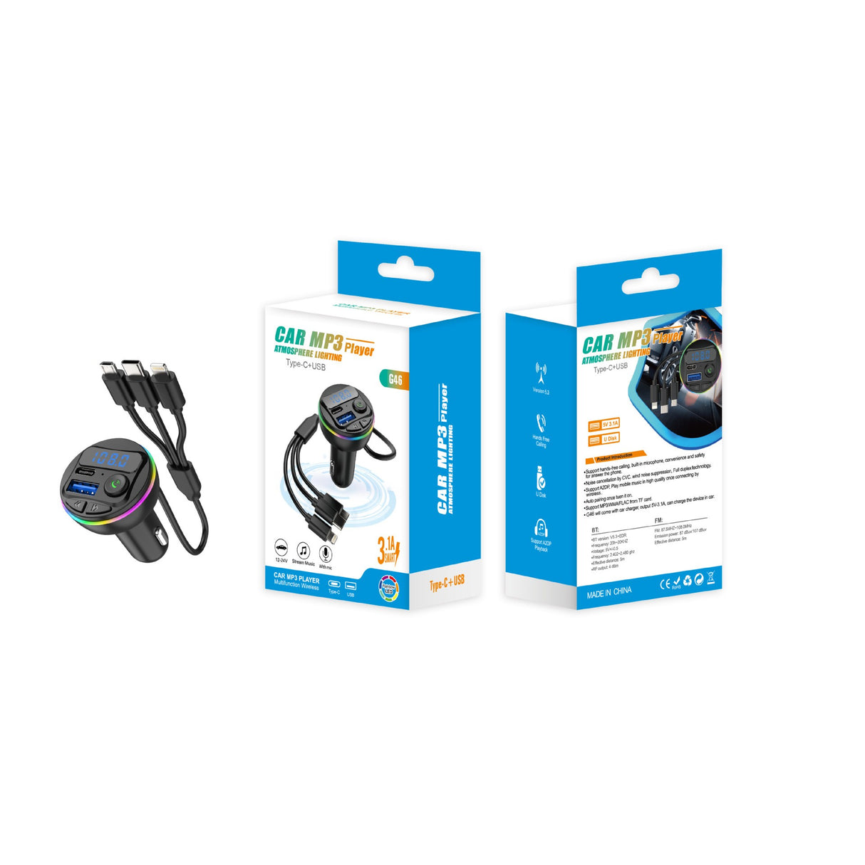 Încărcător auto MP3 Bluetooth Vivimall, vedere laterală, greutate 64 g, culoare neagră
