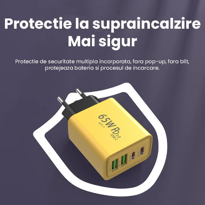 Incarcator Fast Charge pentru Telefon 65W, Vivimall, Incarcator Quick Charge cu 2 Porturi USB-A 3.1A & 2 Porturi USB-C, Power Delivery 65W, Cap Standard European, Galben - vivimall.ro
