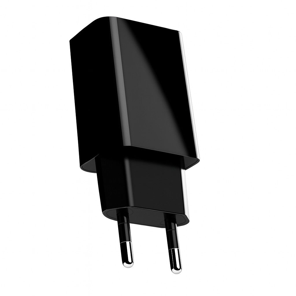 Încărcător rețea Fast Charge 5V 2A cu port USB, adaptor priză standard UE, culoare neagră, vedere frontală