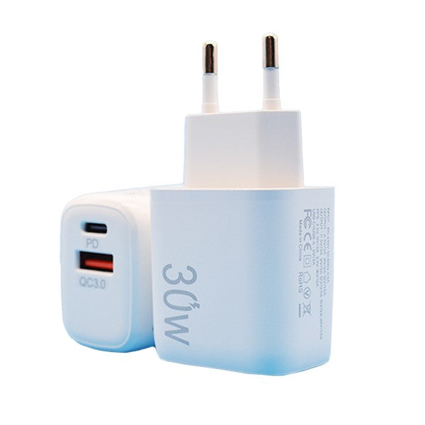 Incarcator Fast Charging pentru Telefon, Vivimall, Dual Port USB-A si USB-C cu Cap de Incarcare Standard European, 30W Q.C 3.0, Alb - vivimall.ro