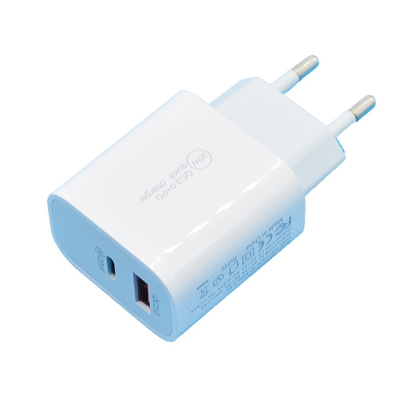 Încărcător Fast Charging QC 3.0, 20W, dual port USB-A și USB-C, culoare albă, vedere frontală