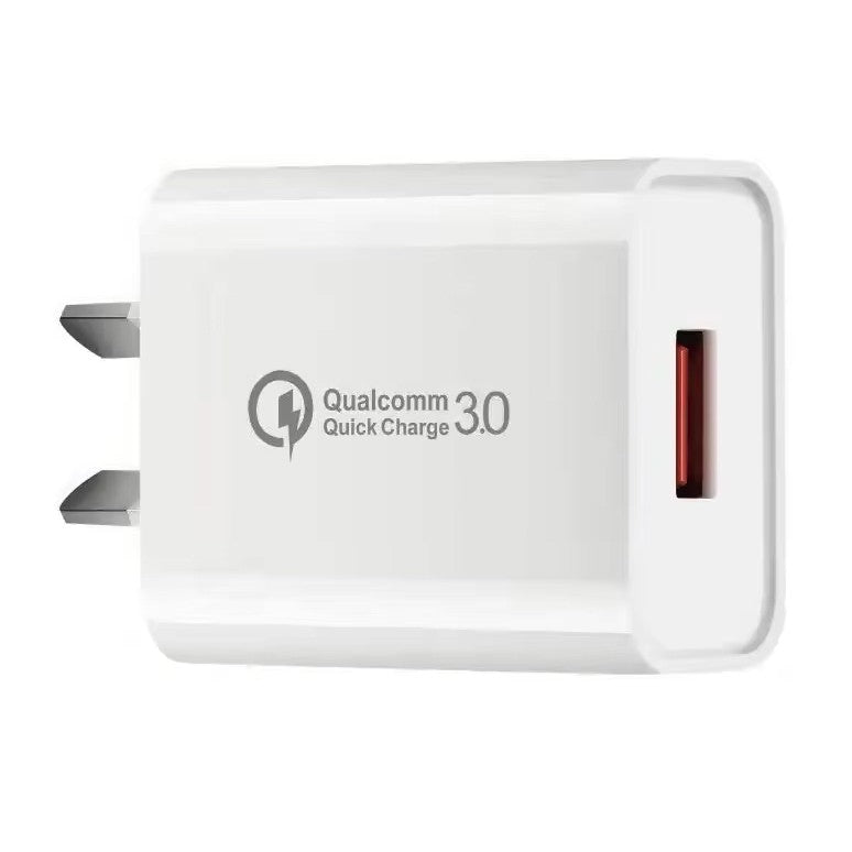 Încărcător rețea Vivimall Fast Charge QC 3.0, 18W, 5V/3A, design alb compact, vedere frontală