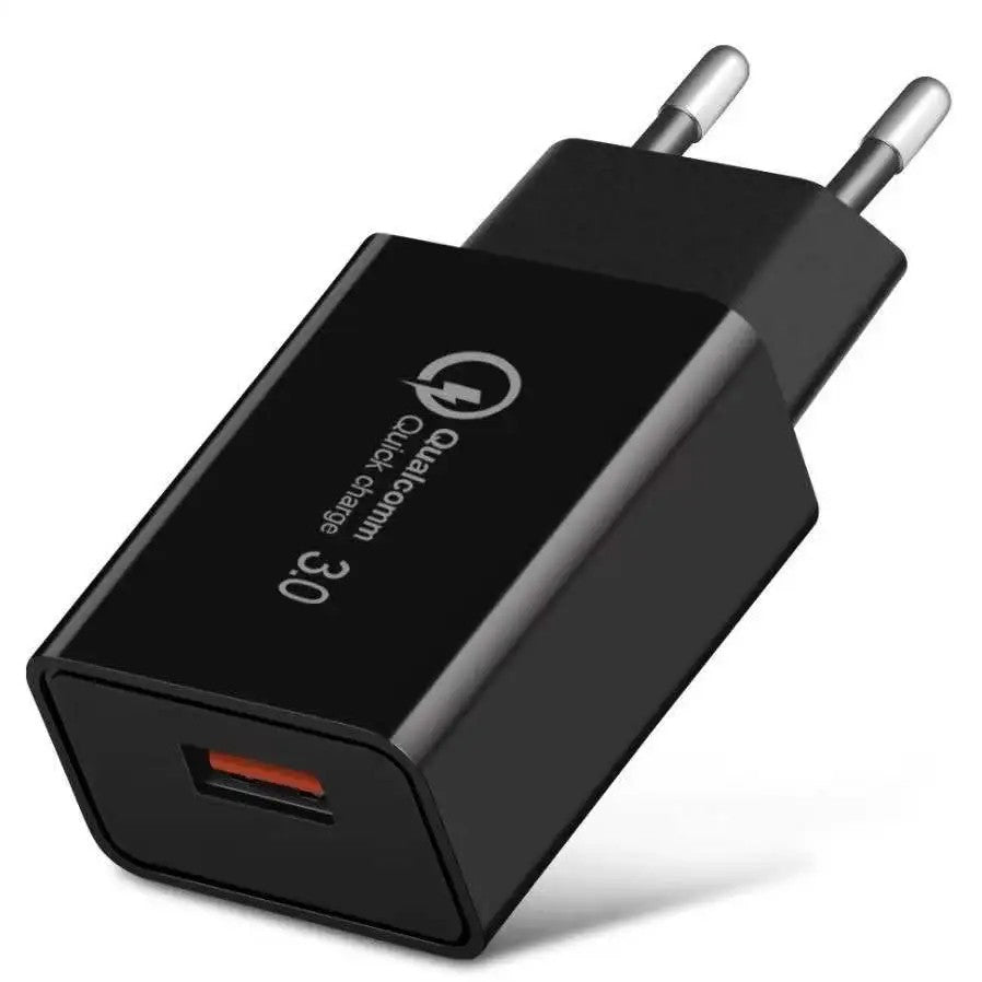 Încărcător rețea Fast Charge QC 3.0, 18W, conector european standard, culoare neagră — vedere frontală