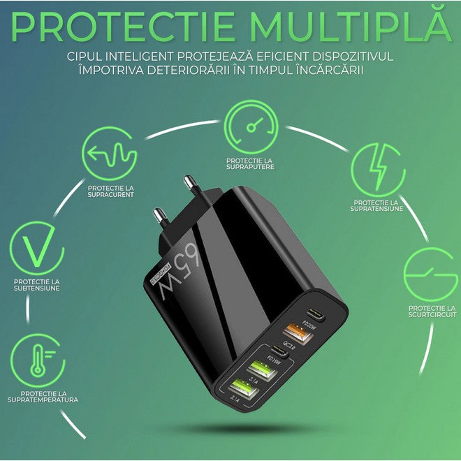 Detaliu etichetă tehnică încărcător 65W, specificații curent 6A și certificare 3C