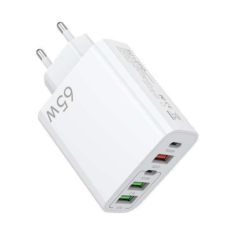 Încărcător rețea 5 porturi 65W Fast Charge, 3x USB și 2x Type-C, culoare albă, vedere frontală