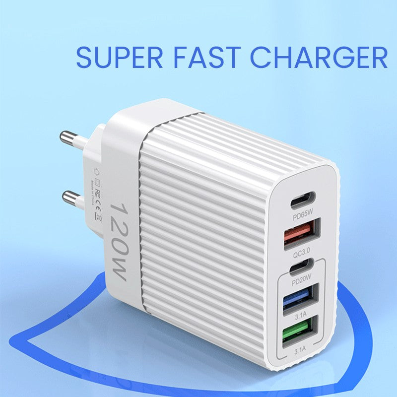 Detaliu porturi USB-A și Type-C încărcător rețea 120W, 5 porturi multi-dispozitiv, alb
