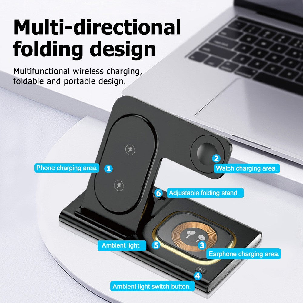 Detaliu zonă încărcare AirPods și brat magnetic Apple Watch pe stația 3 în 1, negru