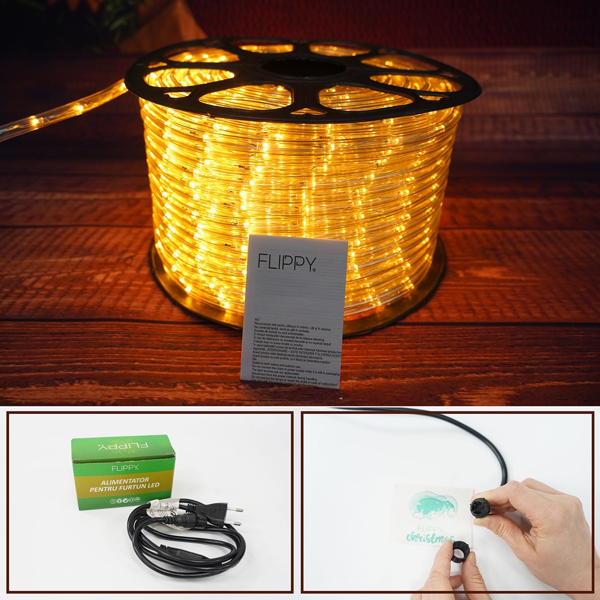 Instalatie Craciun, 12 m, 288 Led-uri ,Furtun Luminos, Alb cald, 8 jocuri de lumini, Transformator, Sectionabila, 220 V, Vivimall - vivimall.ro