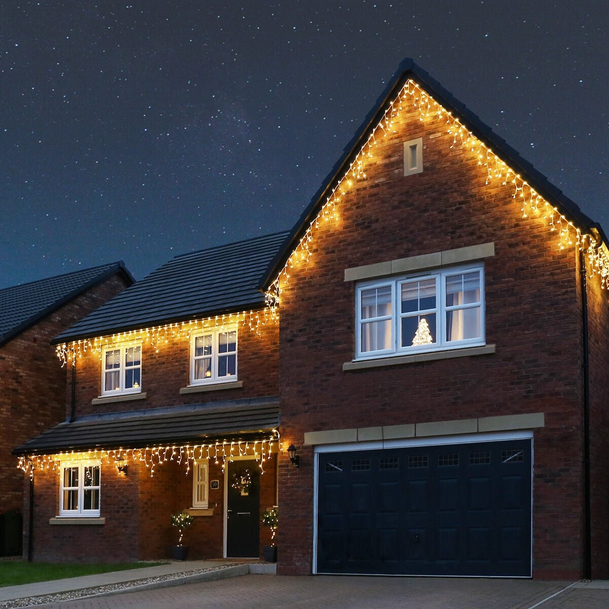 Instalatie Craciun, 25 m, Led-uri ,Franjuri, Alb cald, Flash, Alimentator, Interconectabila, Fir Alb Cauciucat, 220v, Vivimall - vivimall.ro