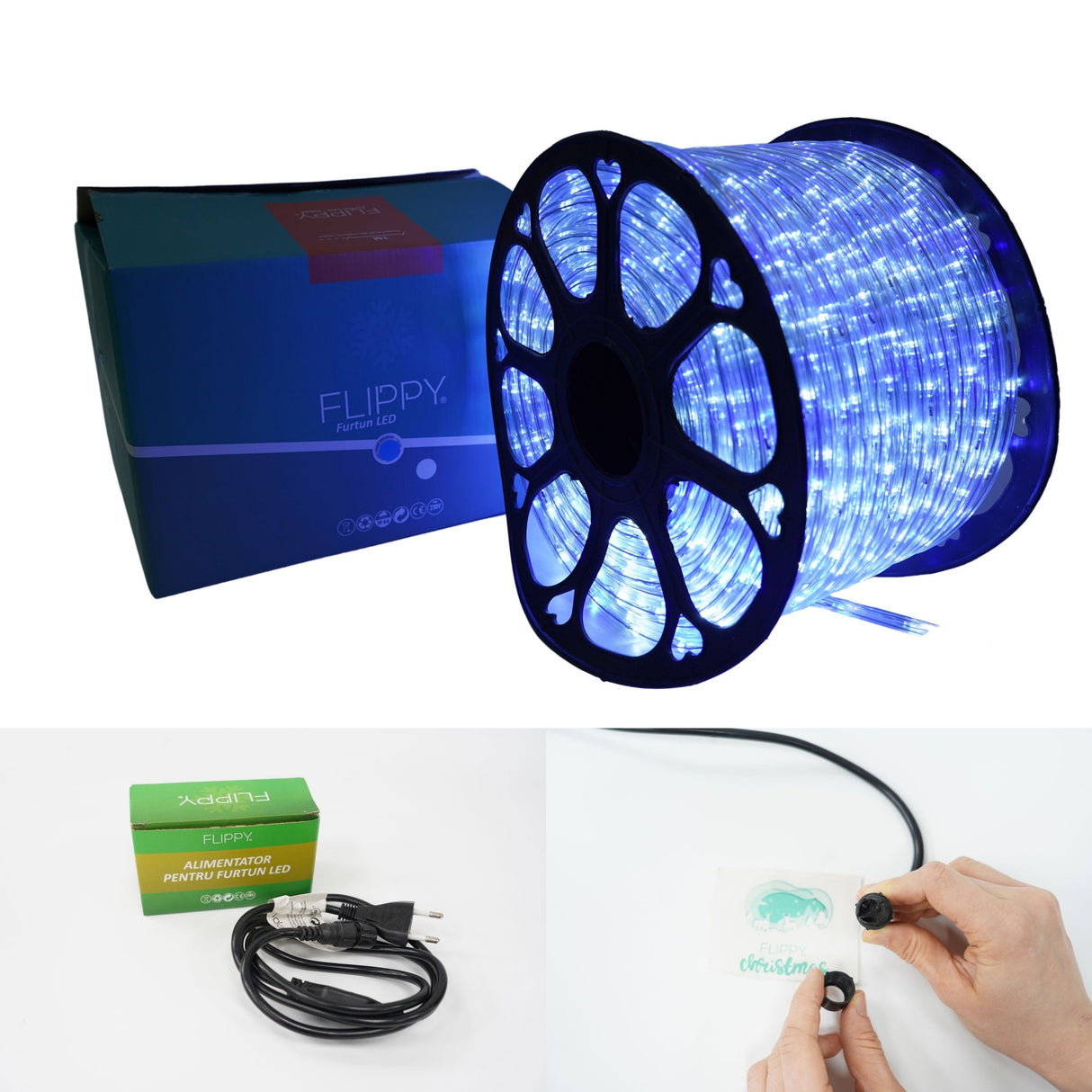 Instalatie Craciun, 26 m, 624 Led-uri, Furtun Luminos, Alb rece/ Albastru, Transformator, Sectionabila, 220 V, Vivimall - vivimall.ro