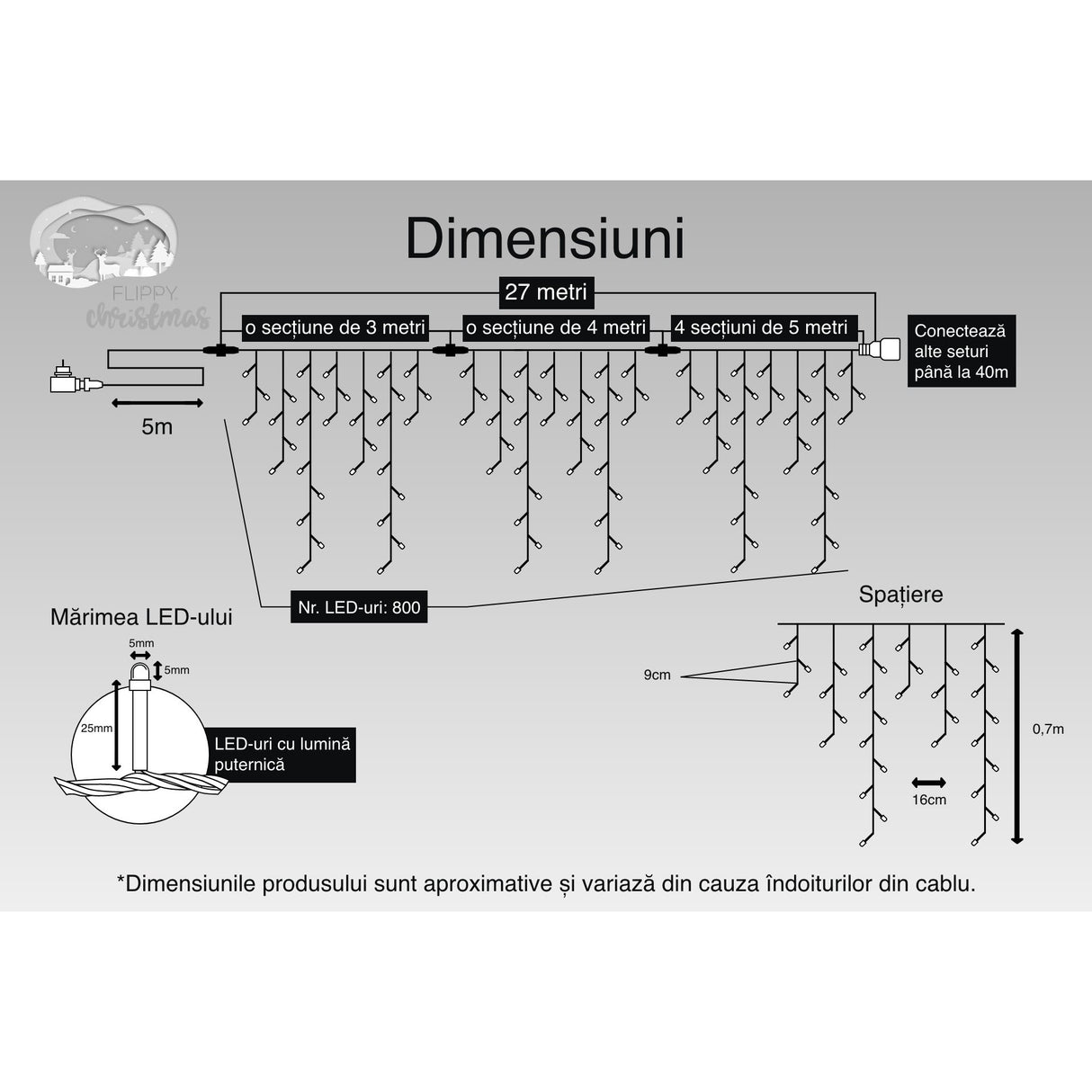 Instalatie Craciun, 27 m, 800 Led-uri ,Franjuri, Alb cald, Flash, Transformator cu telecomanda, Interconectabila, Prelungitor 5 m inclus, Fir Negru, Vivimall - vivimall.ro