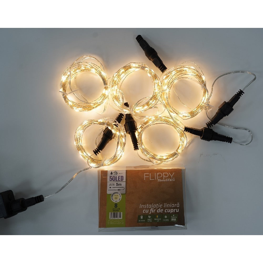 Instalatie Craciun, 30 m, 300 Led-uri, Liniara, Alb Cald, 8 jocuri de lumini, Transformator, Interconectabila, Prelungitor 5 m inclus, Fir Cupru, Flippy - vivimall.ro