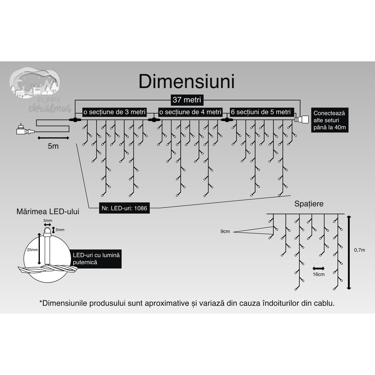 Instalatie Craciun, 37 m, 1086 Led-uri ,Franjuri, Alb cald, Flash, Transformator, Interconectabila, Prelungitor 5 m inclus, Fir Negru, Vivimall - vivimall.ro