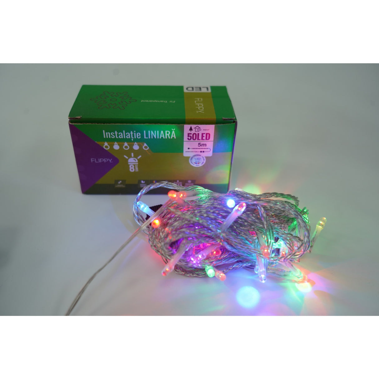 Instalatie Craciun, 45 m, 450 Led-uri ,Liniara, Rosu/Albastru/Rosu/Verde, Flash, Transformator, Interconectabila, Prelungitor 3 m inclus, Fir Verde, Flippy - vivimall.ro