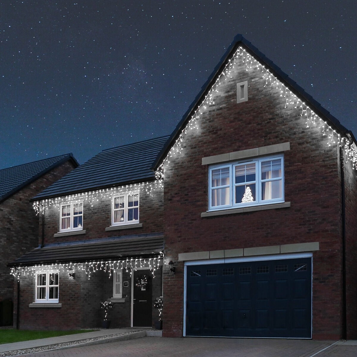 Instalatie Craciun, 5 m, Led-uri ,Franjuri, Alb rece, Flash, Alimentator, Interconectabila, Fir Alb Cauciucat, 220v, Flippy - vivimall.ro