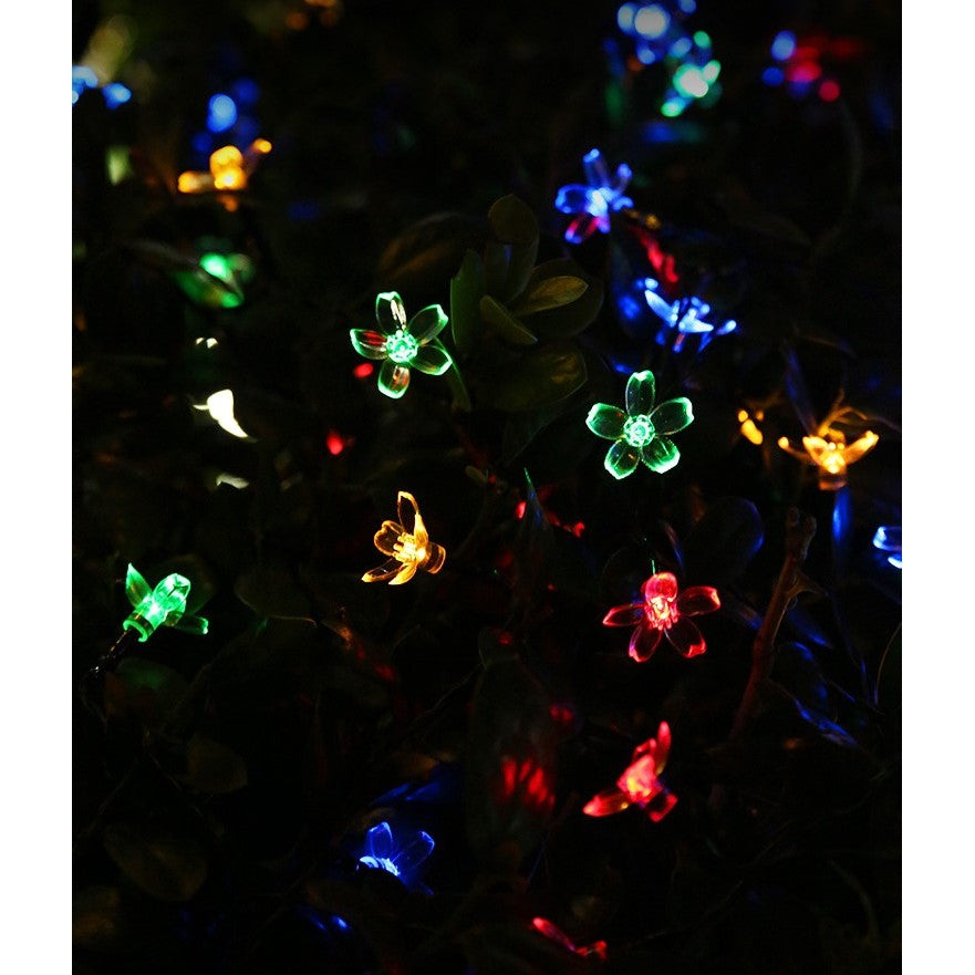 Instalatie Craciun, 6.5 metri, 30 Becuri LED tip Flori de cires, pentru exterior cu incarcare solara, Multicolor, Vivimall - vivimall.ro