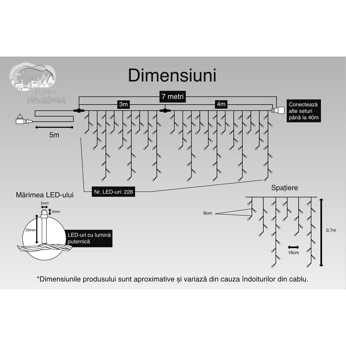 Instalatie Craciun, 7 m, 228 Led-uri ,Franjuri, Alb rece, Flash, Transformator, Interconectabila, Prelungitor 5 m inclus, Fir Negru, Vivimall - vivimall.ro