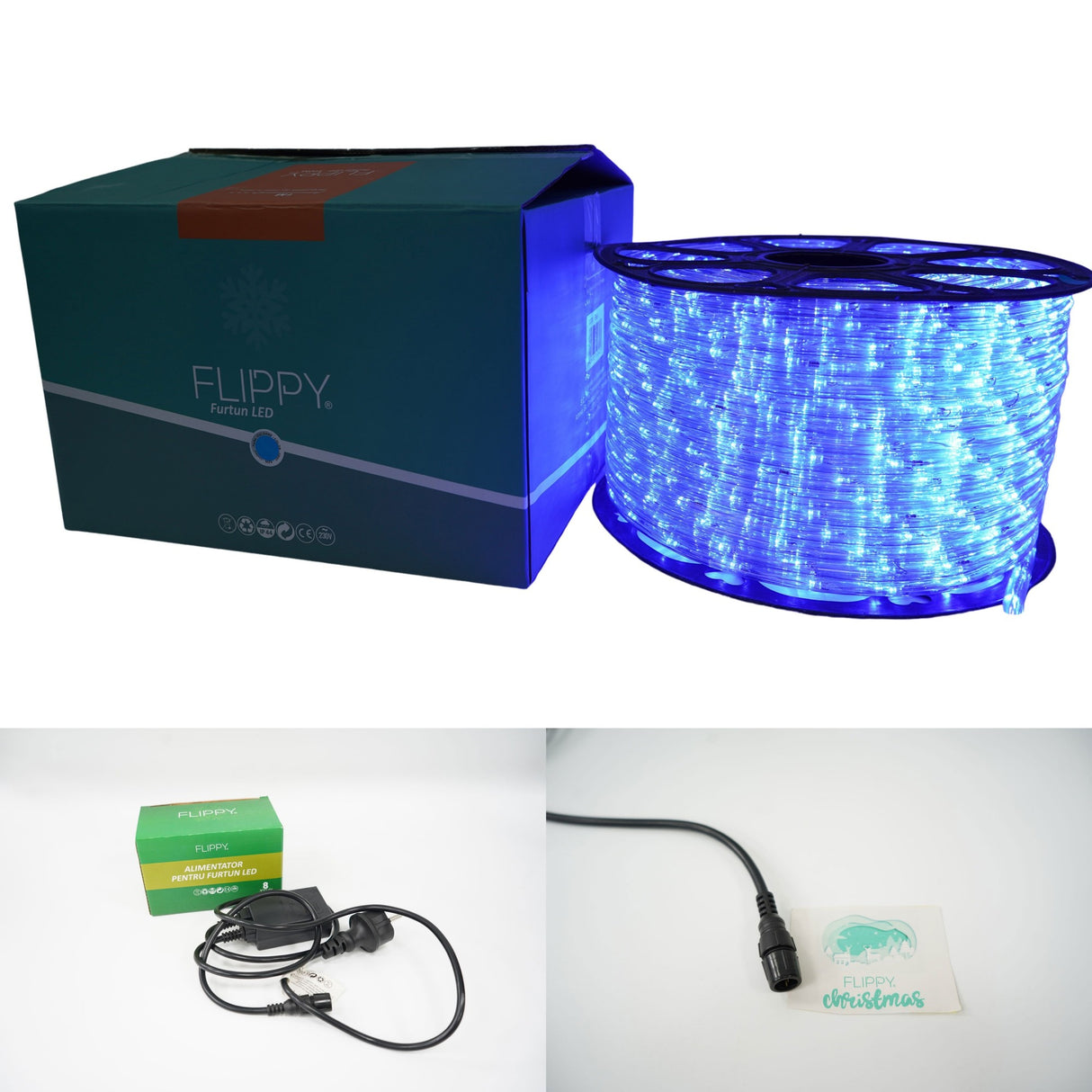 Instalatie Craciun, 8 m, 192 Led-uri, Furtun Luminos, Albastru, Transformator, 8 jocuri de lumini, Sectionabila, 220 V, Vivimall - vivimall.ro