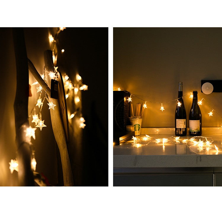 Instalatie Craciun cu baterii, 10 metri, 80 LED-uri tip Stea, fir Transparent, Alb Cald, Vivimall - vivimall.ro