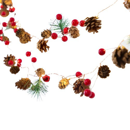 Instalatie Craciun cu baterii, 2 metri, 20 LED-uri tip Ace, conuri de pin si clopotei, Alb Cald, Vivimall - vivimall.ro