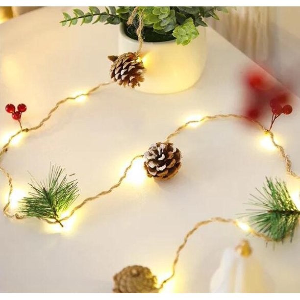 Instalatie Craciun cu baterii, 2 metri, 20 LED-uri tip ace si conuri de pin simple, Alb Cald, Vivimall - vivimall.ro