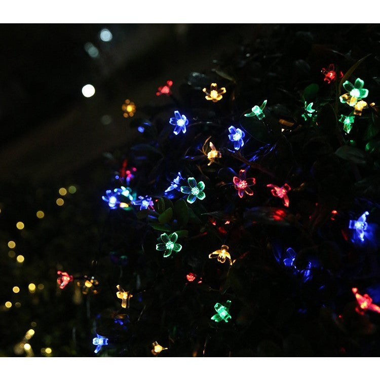 Instalatie Craciun, Vivimall, 5 metri, 20 Becuri LED tip Flori de cires, pentru exterior cu incarcare solara, Multicolor - vivimall.ro
