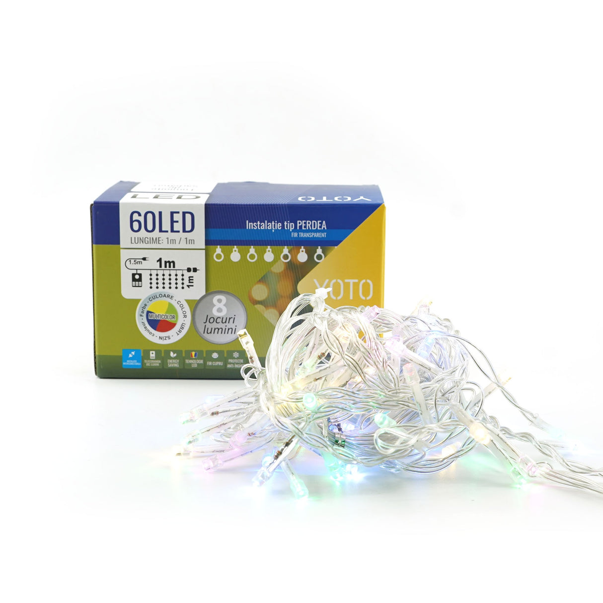 Detaliu LED-uri multicolor instalație perdea Yoto pe fir transparent din cupru, apropiere