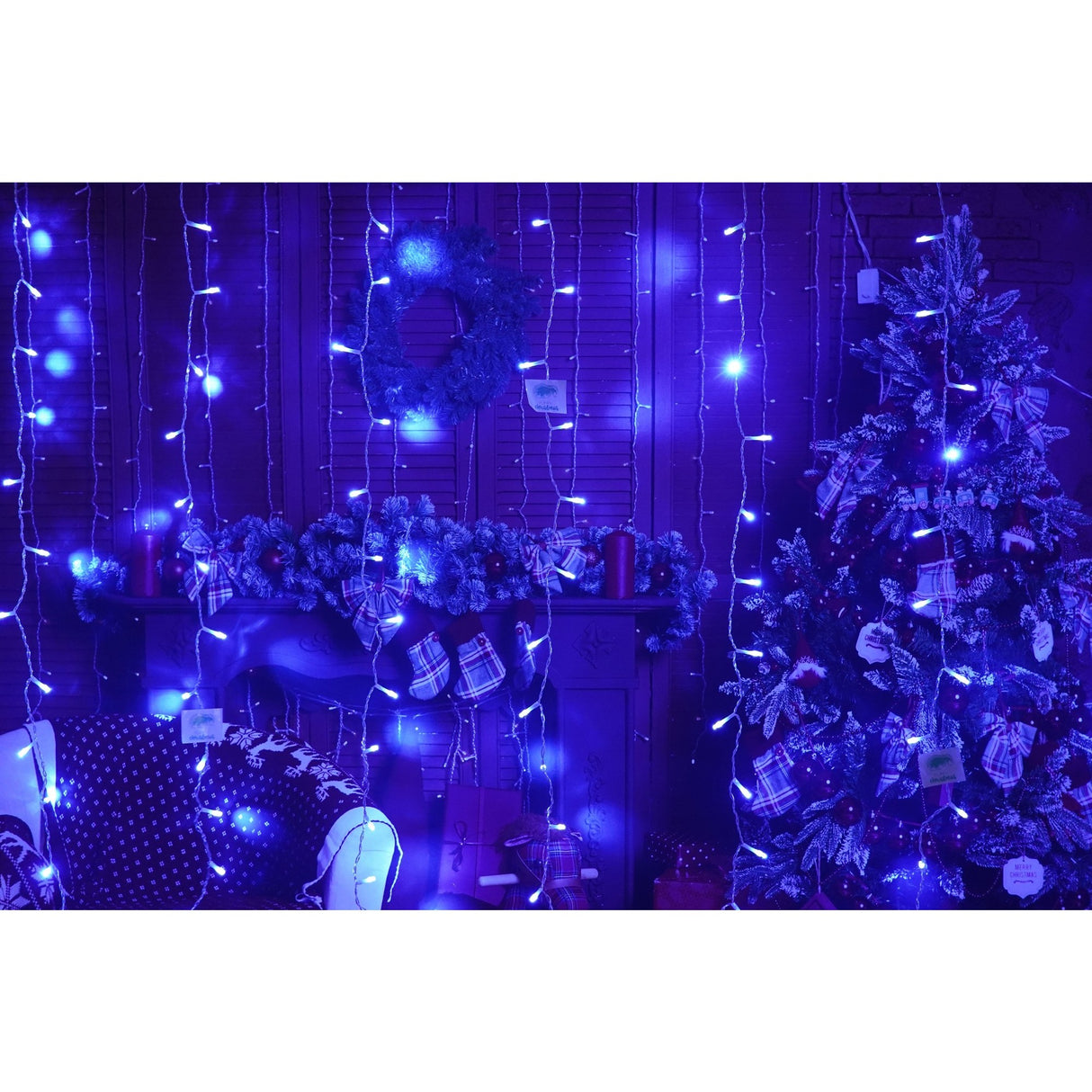 Instalatie Craciun, Tip Perdea, IP44, 2 m x 1 m, 120 LED-uri, Albastru, 8 jocuri de lumini, Transformator, Interconectabila, Prelungitor 3 m inclus, Fir transparent, Interior/ Exterior, Vivimall - vivimall.ro